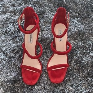 Red and gold strappy high heel sandals
